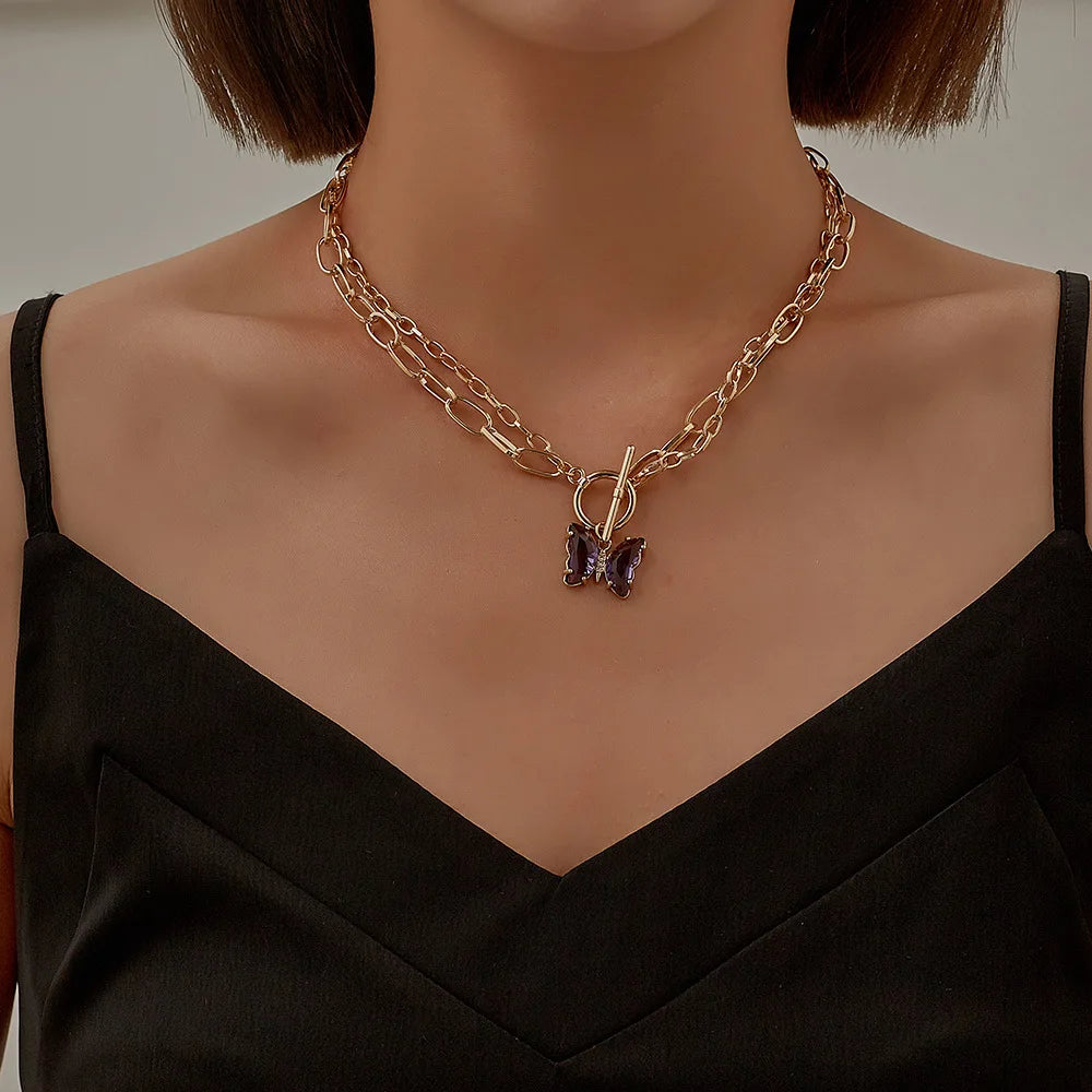 Punk Style Golden Metal Chain Necklace with Crystal Butterfly Pendant Personalized Choker for Women Made of Stainless Steel