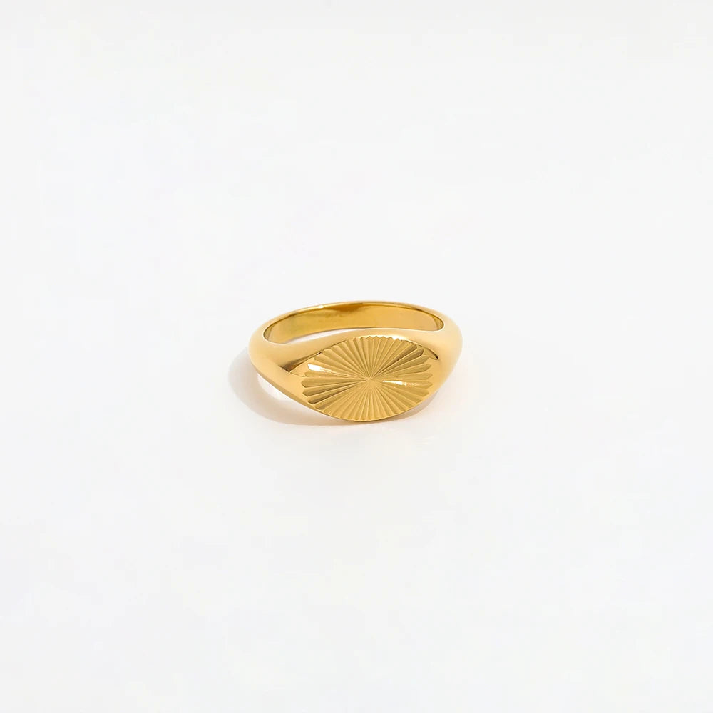 Joolim Jewelry Wholesale 18K Gold Plated Oval Sun Burst Stainless Steel Rings for Women Statement Rings