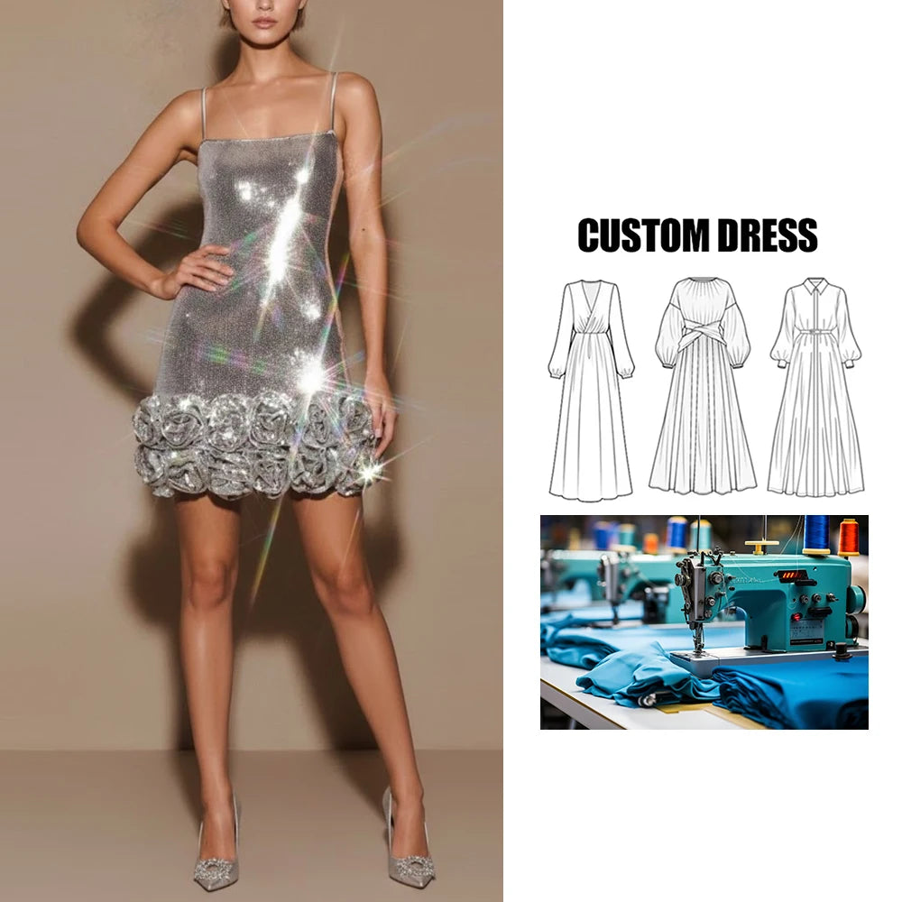 Customizable Brand Boutique Wholesale Slim Silver Sequin Mini Dress Casual Three-dimensional Floral Natural for Party Club