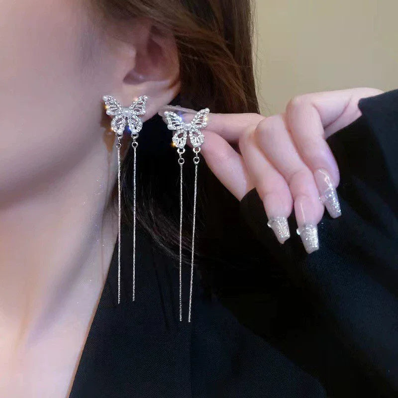 Long butterfly Pearl Zircon Tassel Earrings for Women Wholesale Accessories for Occasion Jewelry Wholesale N2308025