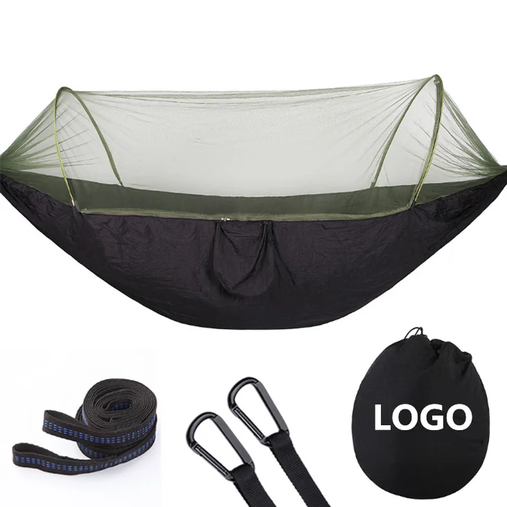 Woqi Outdoor Auto Nylon Hammocks Portable Parachute Double Camping Quick Open Mosquito Net Hammock With Carabiners