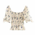 Vintage Square Collar Tops Elegant French Blue Red Floral Print Short Flare Sleeve Women Blouse Top Hippie Chic Spring Vintage