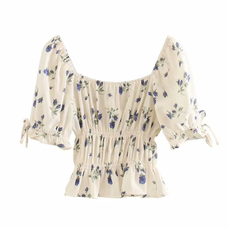 Vintage Square Collar Tops Elegant French Blue Red Floral Print Short Flare Sleeve Women Blouse Top Hippie Chic Spring Vintage