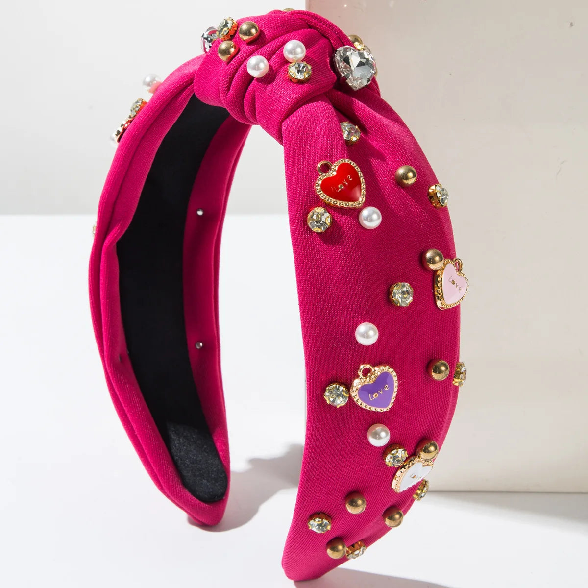 Cute Baroque Pearl Rhinestone Enamel Love Heart Hair Accessories Pink Bowknot Hair Bands for Engagement Wedding Valentines Day