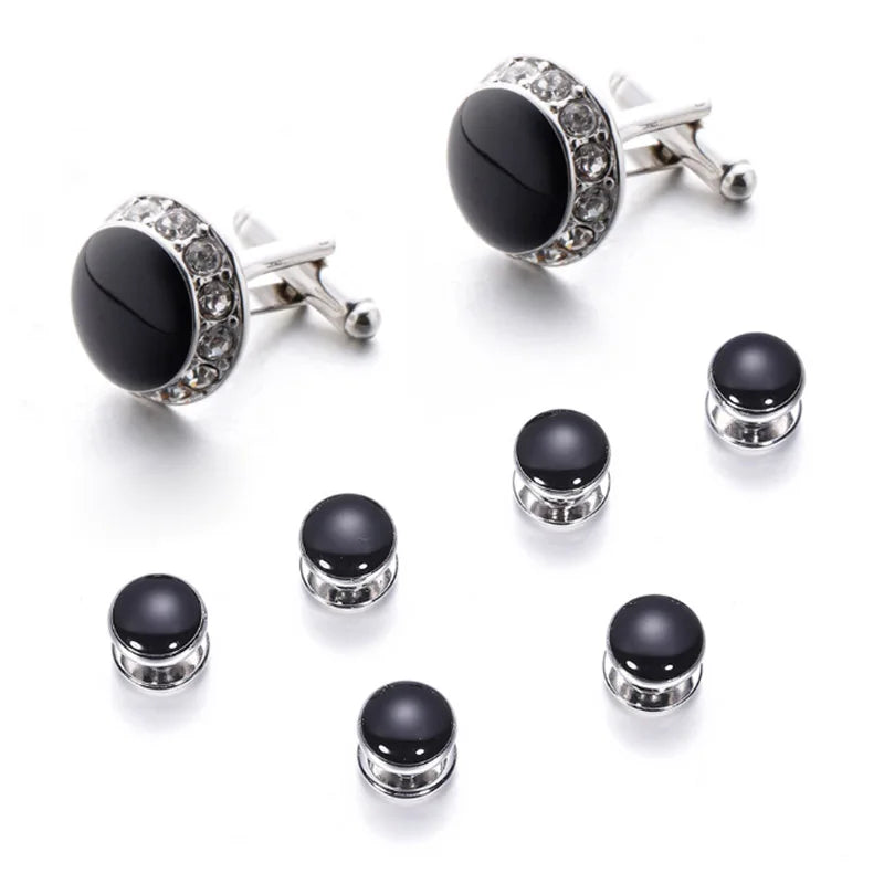 Customized French Tuxedo Shirt Sleeve Brass Copper Plating Cuff Links Studs Round Black Enamel Men's Business Cufflink Sets