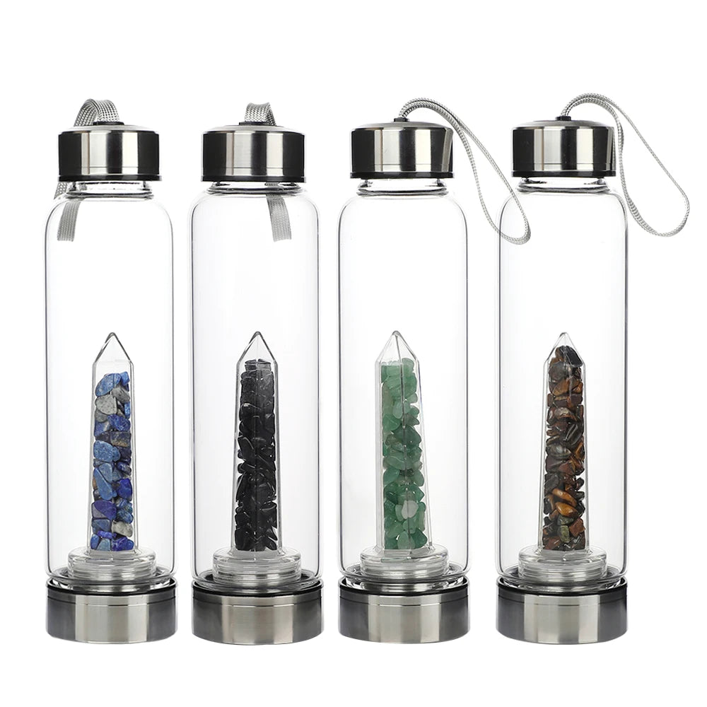 Wholesale Gemstone Custom Durable Glass Stainless Steel Bamboo Crystal Energy Water Bottle With Quartz