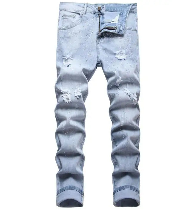 Wholesale Blue Street Wear Ripped Hole Elastic Denim Pants Personalized  Hot Fix Rhinestone Slim Fit Jeans