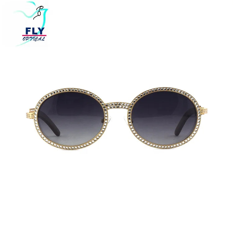DOISYER 2020 Women's Trendy Sunglasses Custom Logo round Wooden TAC Polarized Diamonds with Gold Frame and Case