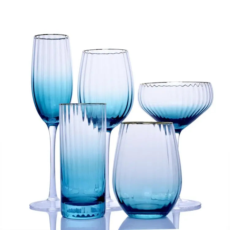 Wholesale Blue Colored Stiped Crystal Glass Wine Wine Glasses Wine Set Cocktail Glass champagne Cup