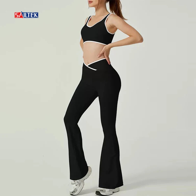 Yoga Sets Fitness Women Custom Workout Gym Two Piece Contrast Trim Sports Bras and Flare Leggings Set for Ladies