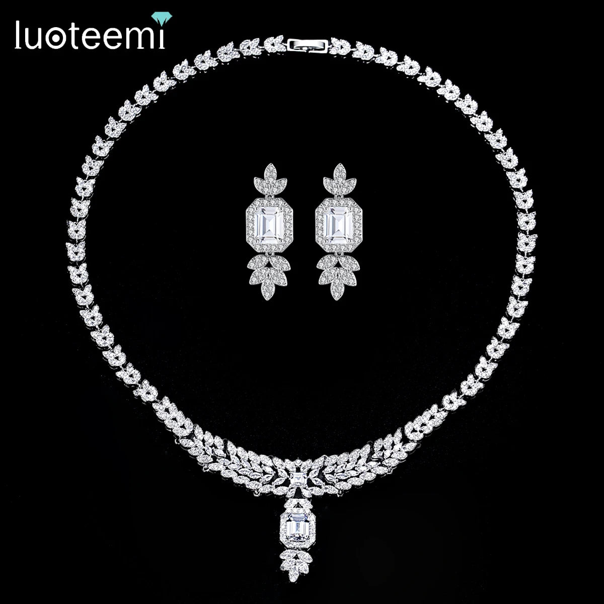 LUOTEEMI Necklace Woman Fashion Statement Jewellery Lady Ice Out Luxury Zirconia Jewelry Set Bridal Wedding