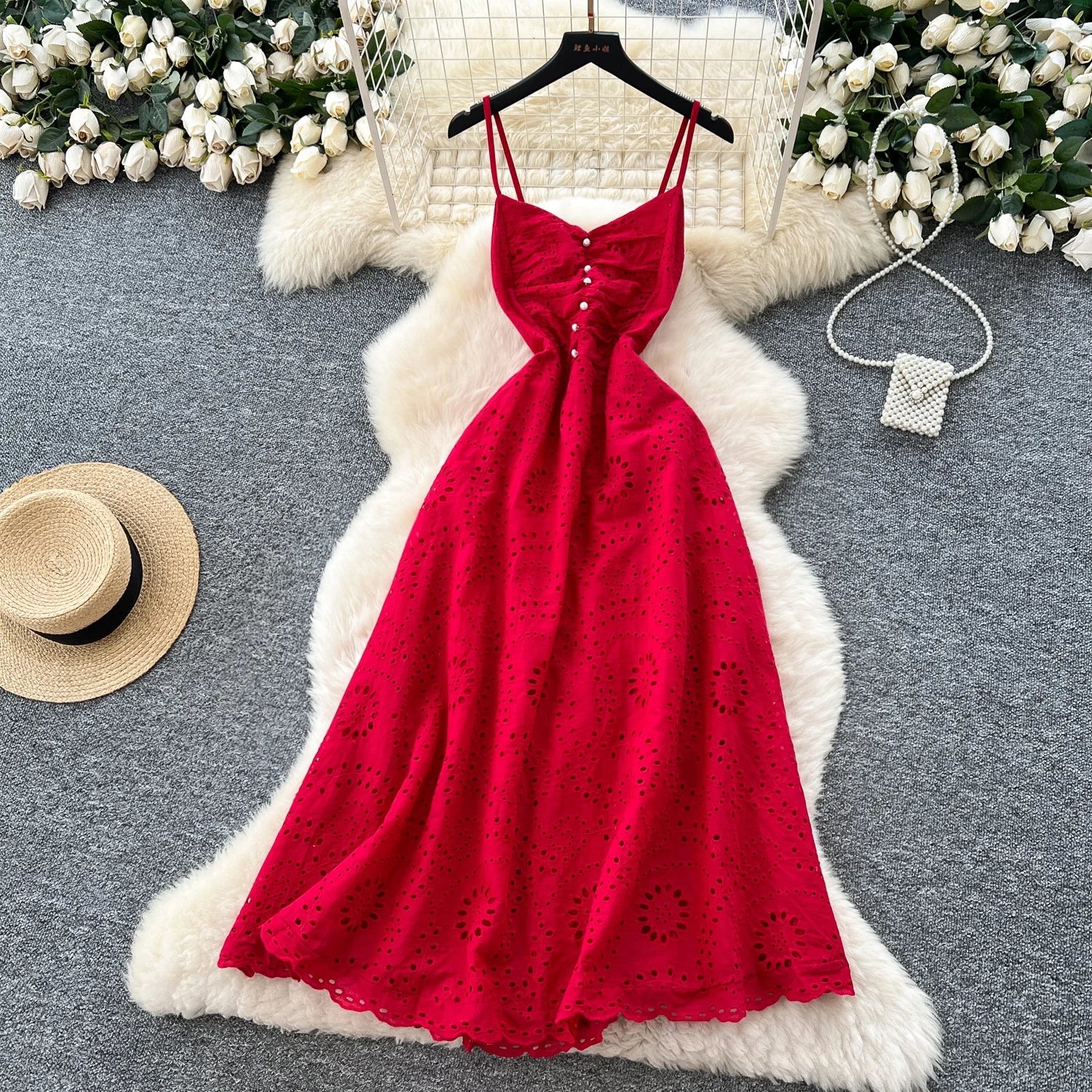French Openwork Embroidered Waist-cinching Strapless Dress Women's Summer Vacation Casual Dress