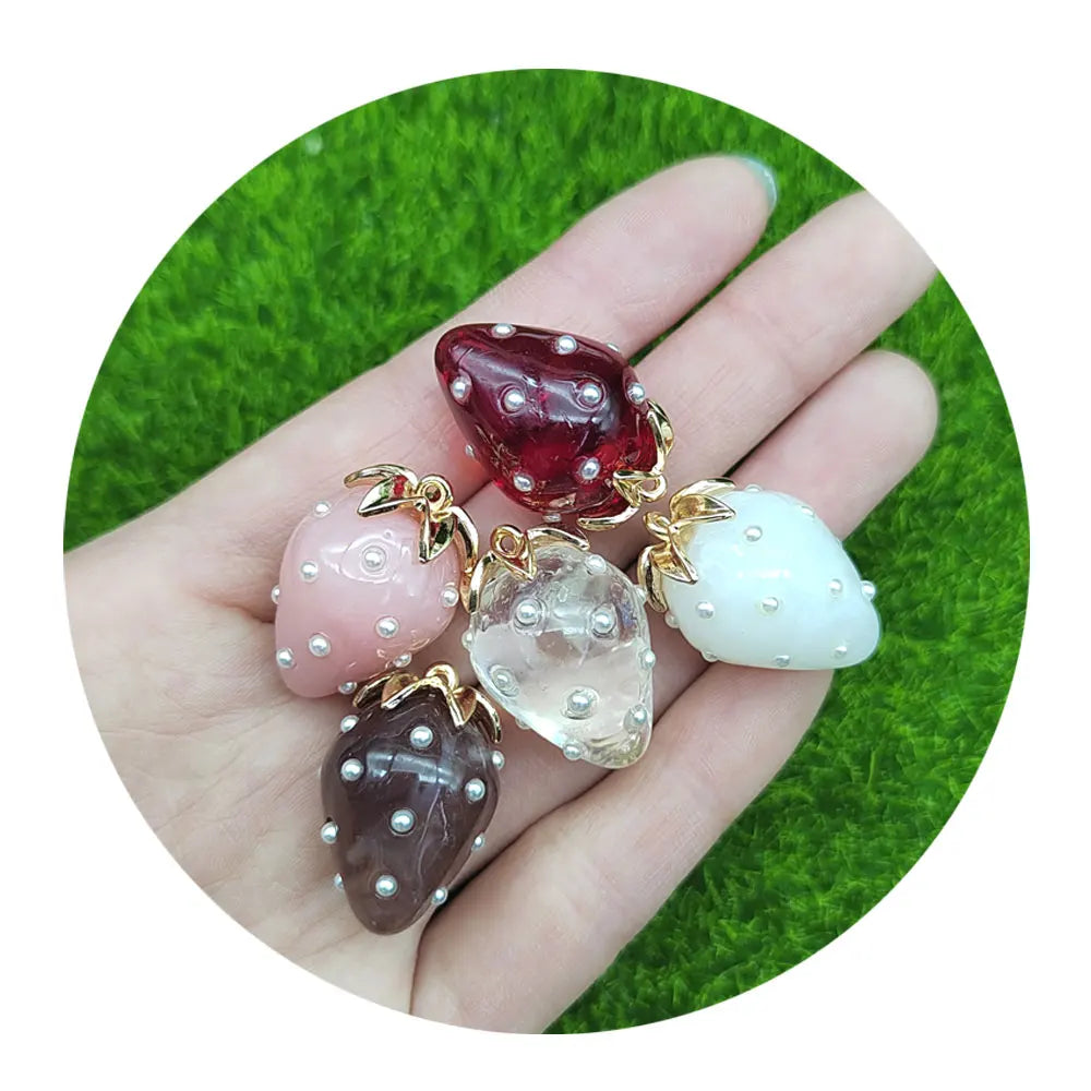 Cute 3D Artificial Mini Strawberry Fruit Pink White Red Clear Beautiful Resin Cabochon for Earrings Decor