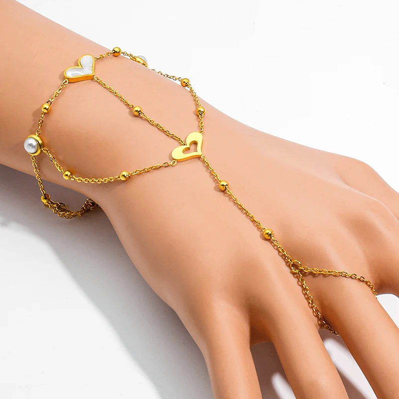 JUSNOVA Women's Romantic 18k Gold Plated Finger Bracelet Stainless Steel Hollow Heart Pearl Hand Chain Anti Tarnish Jewelry