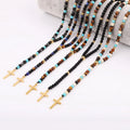 New Design Christian Small Natural Stone Stainless Steel Beads Gemstone Cross Pendant Rosary Beads Long Necklace Men