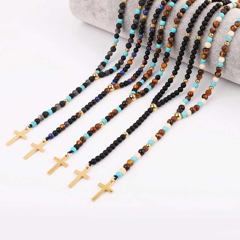 New Design Christian Small Natural Stone Stainless Steel Beads Gemstone Cross Pendant Rosary Beads Long Necklace Men