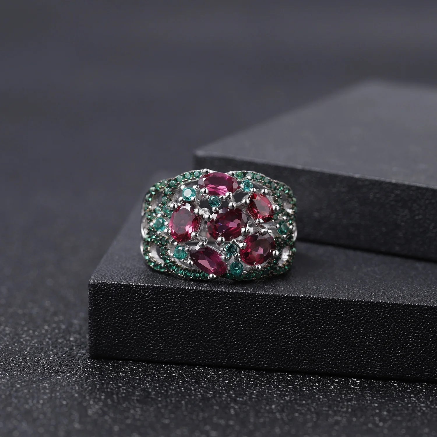 Abiding Natural Rhodolite Garnet Nano Emerald Green Unique Design Engagement Anniversary 925 Sterling Silver Rings for Women