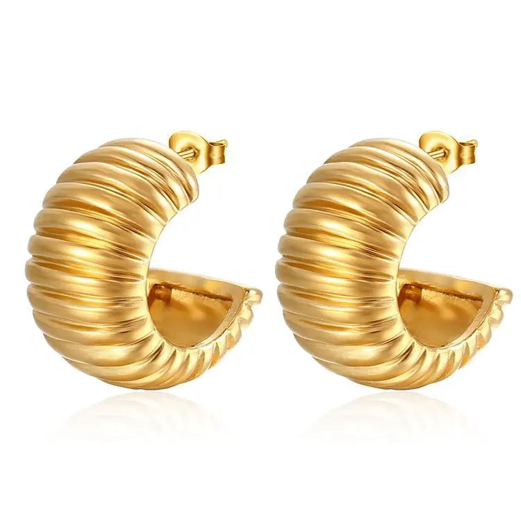 Hip Hop Jewelry No Fade Chunky C Shaped Hoop Earrings 18k Gold Plated Thread Stainless Steel Geometric Earring for Women