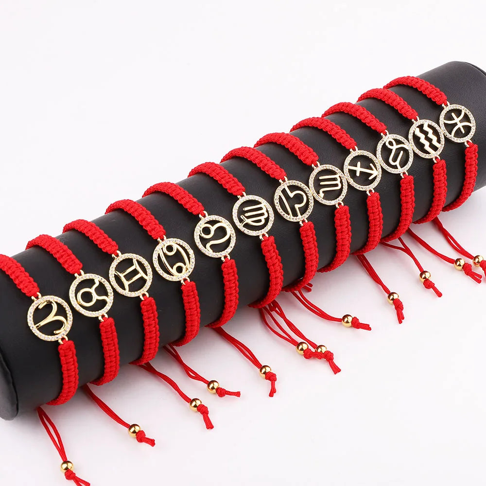 Hot Selling Gold Plating CZ Pave 12 Zodiac Charm Red Cord Knot Woven Braided Lucky Friendship Bracelet Women JBS12292