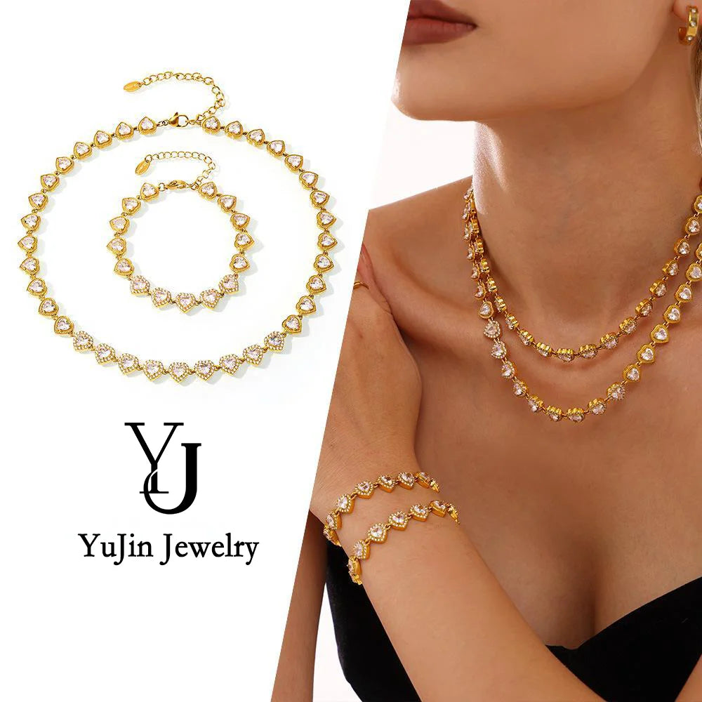 18K Gold PVD Plated Stainless Steel Shiny Zirconia Pave Heart Tennis Chain Necklace Bracelet Set