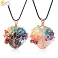 CSJA New Wire Wrapped Tree of Life Amethyst Rose Quartz Reiki Healing Natural Stones Love Heart Pendant Necklace for Women G755