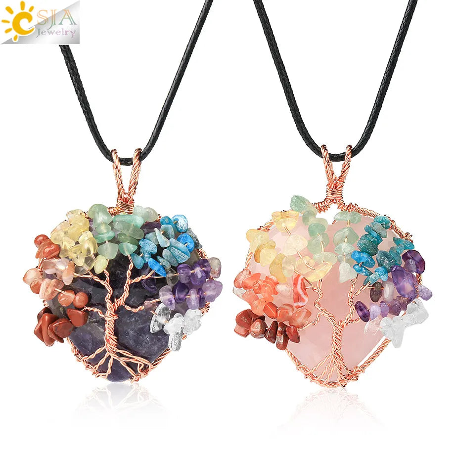 CSJA New Wire Wrapped Tree of Life Amethyst Rose Quartz Reiki Healing Natural Stones Love Heart Pendant Necklace for Women G755