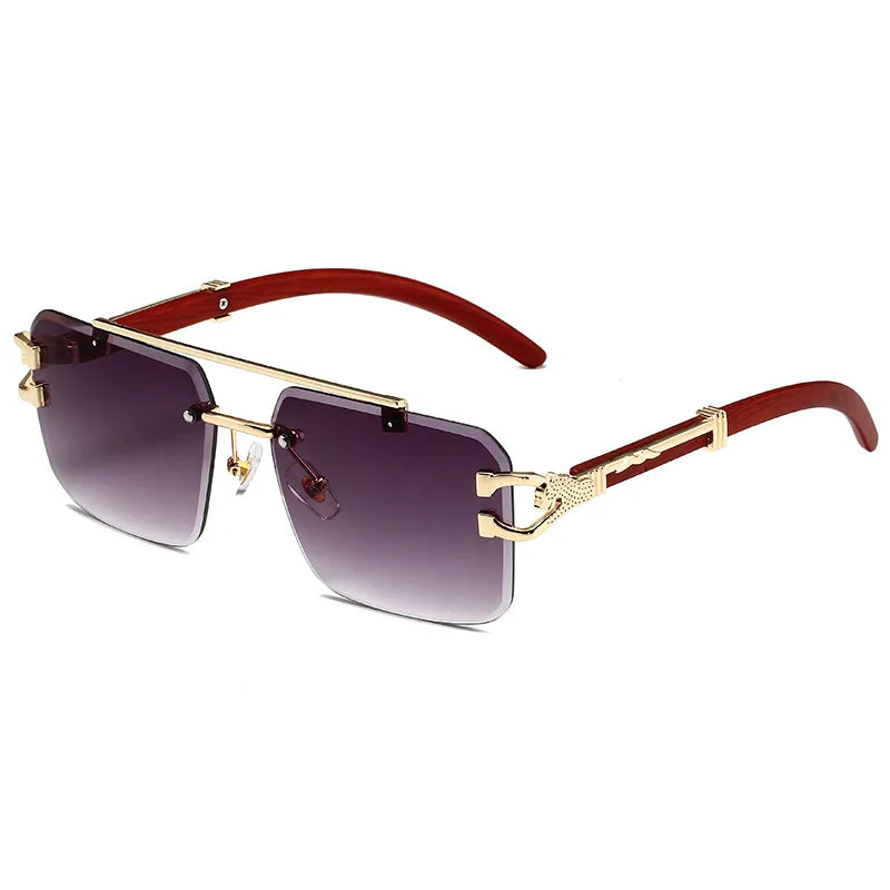 LiEr Retro Frameless Cut Edge Fashion Wood Grain Double Beam Metal Hinge Silicone Nose Pad Leopard UV400 CE Certified Unisex