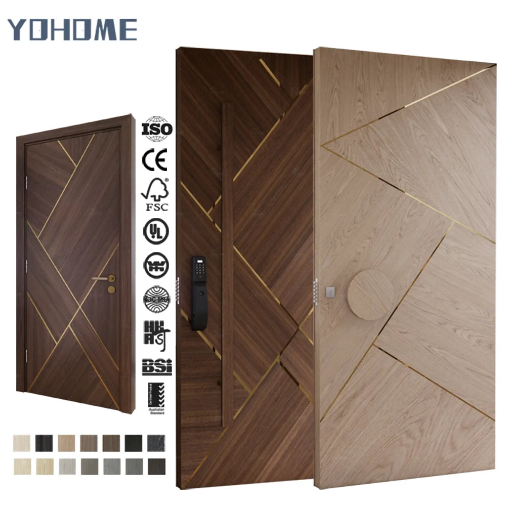 China Door Manufacture Contemporary Design Oak Wood Villa House External Door with Gold Aluminum Trim Strip Timber Plank Doors