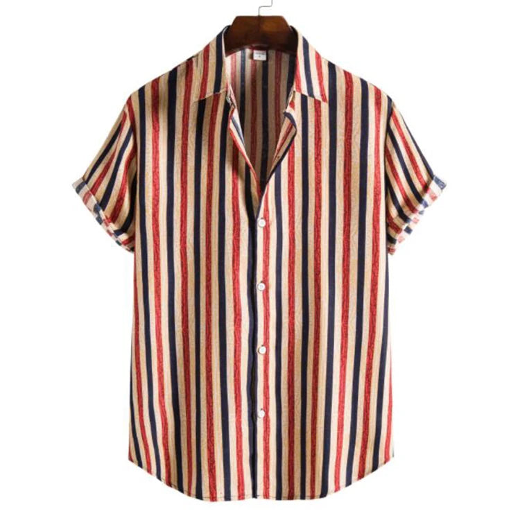 Summer Men's Casual Short Sleeve Polyester Broadcloth Breathable Single Breasted Hip Hop Stripe Shirt
