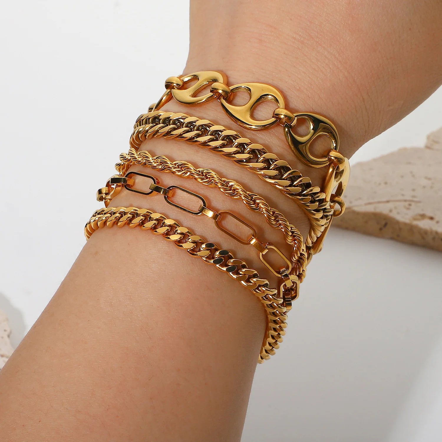 High Grade 18K Gold Plated Stainless Steel Bracelet Set Miami Cuban Chain Bangle Flat Snake Stacking Bracelet for Women