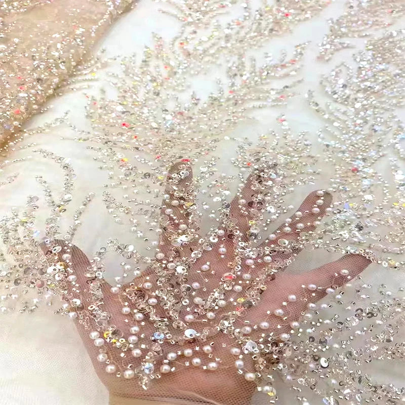 Luxury Beaded Voile Embroidered Sequins Lace Fabric Crystal Rhinestone