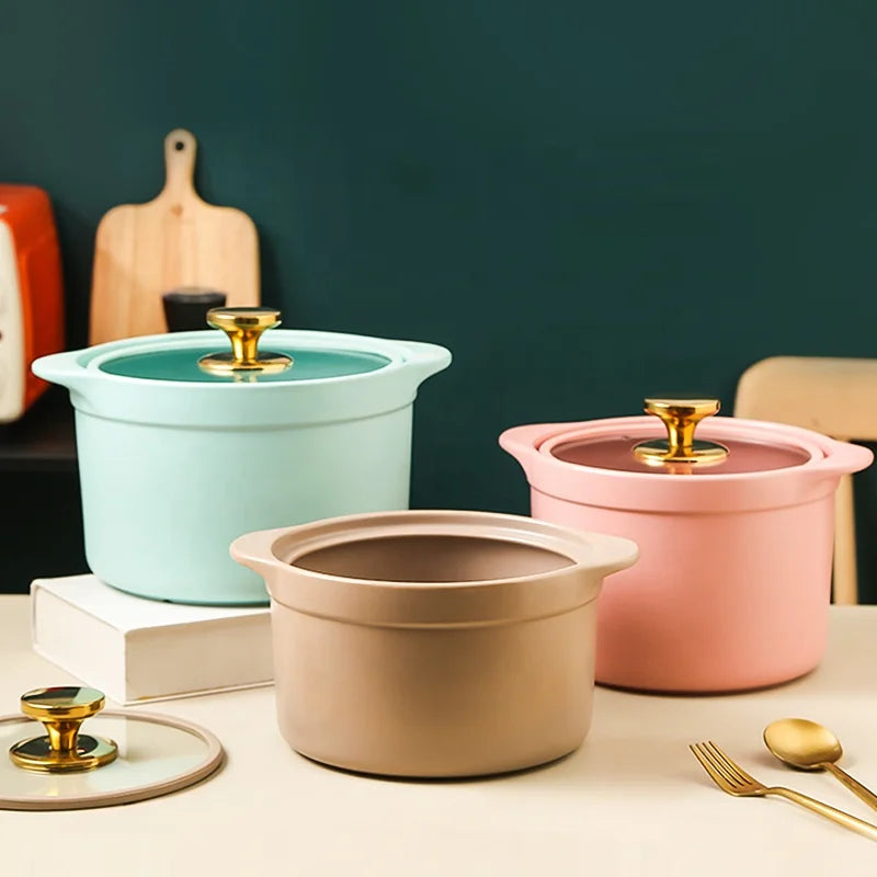 Creative Matte Color Glaze Ceramic Casserole with Glass Lid Simple High Temperature Resistant Open Flame Ceramic Casserole