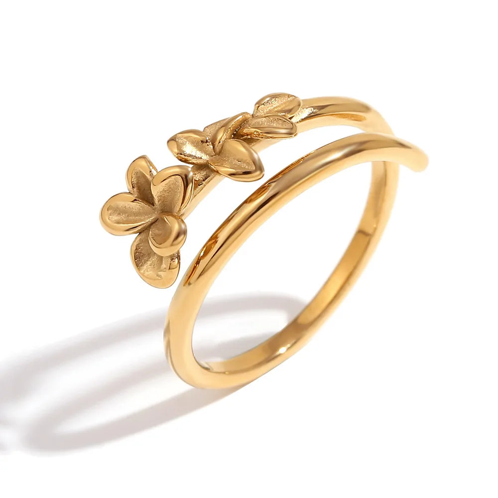 Women Tarnish Free Stainless Steel Flower Adjustable Waterproof Minimalist 18K Gold Plated Triple Flower Open Ring