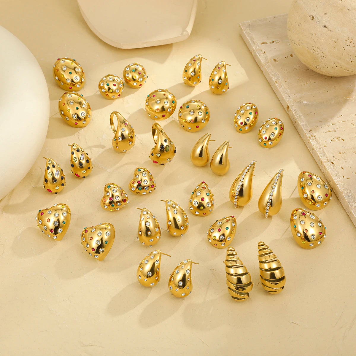 New Trendy Waterproof PVD18K Gold Plated Stainless Steel with Zircon Heart Waterdrop Shaped Earring Ring Set Collection
