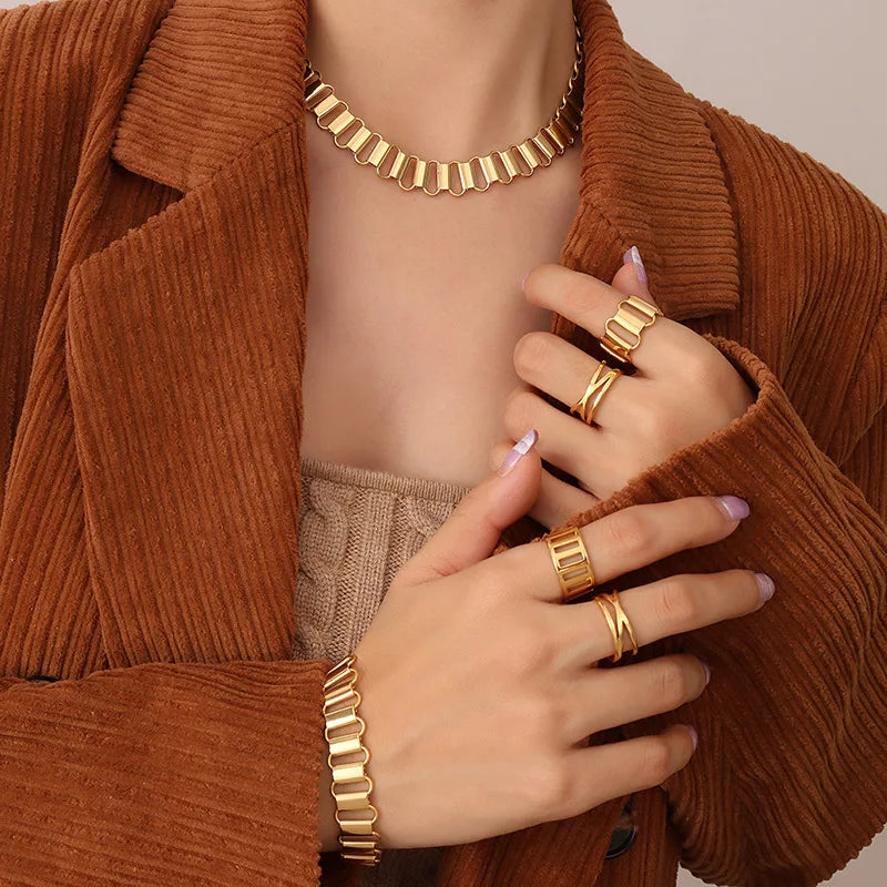 2022 European and American Fashion Simple New Stainless Steel 18K Gold Necklace Bracelet Ring Jewelry Set