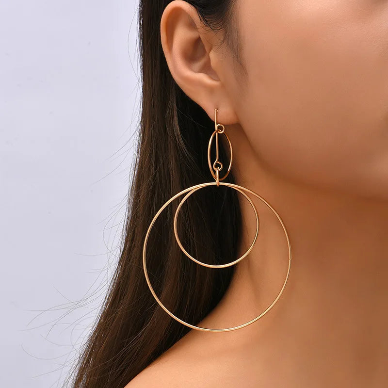 Kaimei 2025 Earring Fashion Trend Geometric Metal Round Exaggerated Earrings Female Ins Large Geometric Gold Drop Earrings 2022