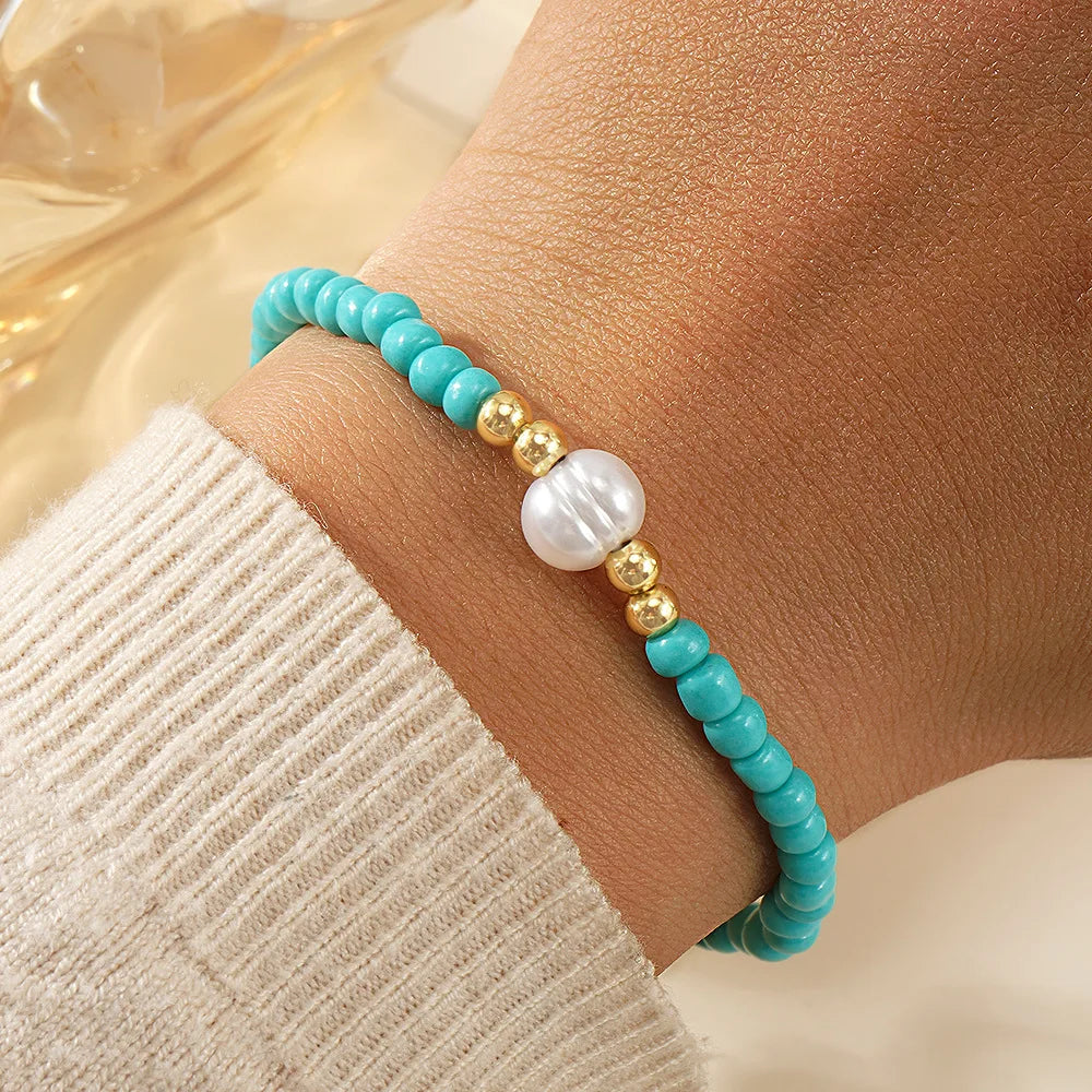 Hot Selling Pearl Turquoise Seed Bead Bracelet Ethnic Style Copper Bead Beaded Bracelet for Women