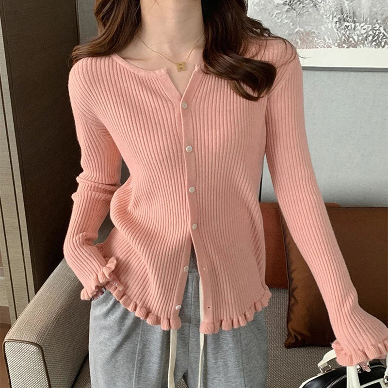 Cis Cardigan Women Korean Style Cardigan Sweater Factory Manufacturer Knit Coat Single Breasted With Ruffles Hem Knitwear