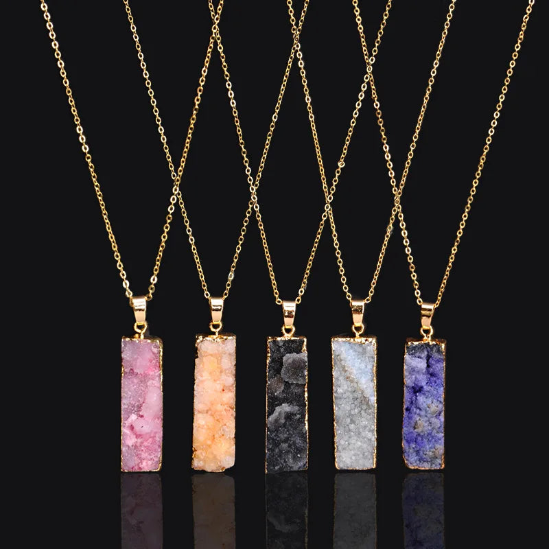 RisingMoon 18K Gold Plated Stainless Steel Chain Gem Stones Crystal Rectangle Pendant Crystal Healing Stone Necklaces for Women