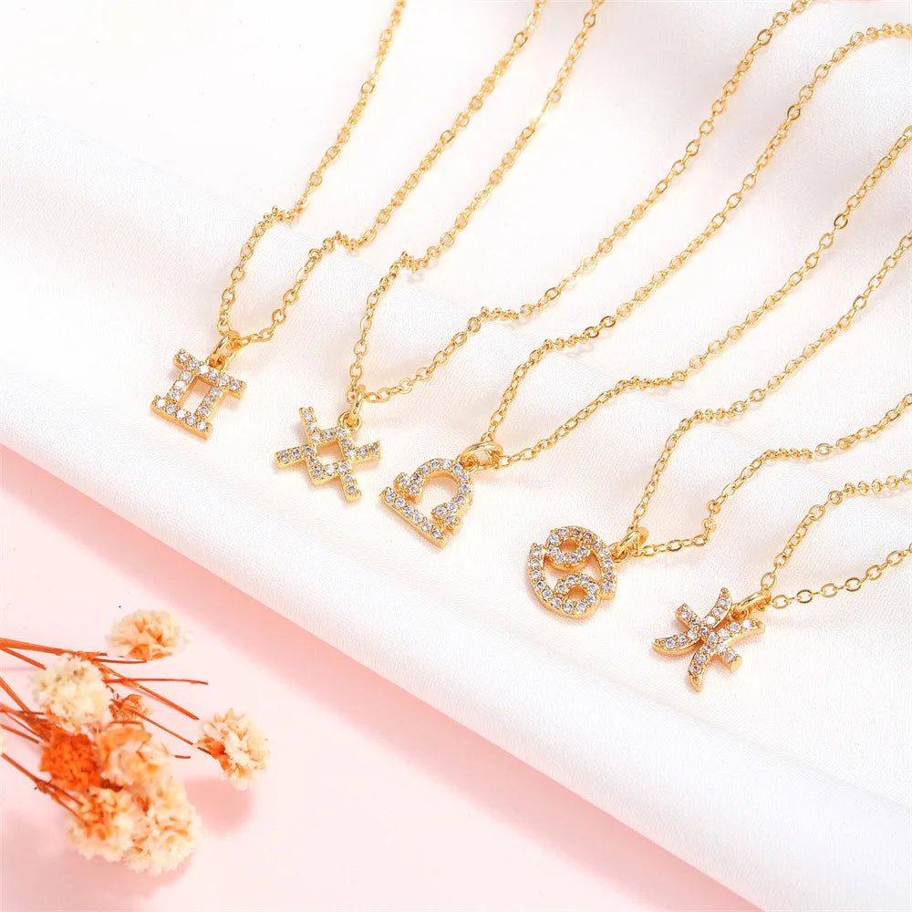 12 Zodiac Good Luck Charm Pendant Necklace 18K Gold with Sparkling 3A Zircon for Daily Wear Necklace