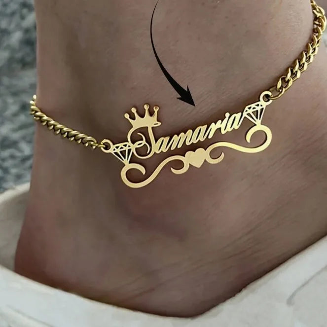 Custom Name Anklet with Crown Diamond Heart 18K Vacuum Gold Plated Stainless Steel Personalized Foot Chain Gift for Women