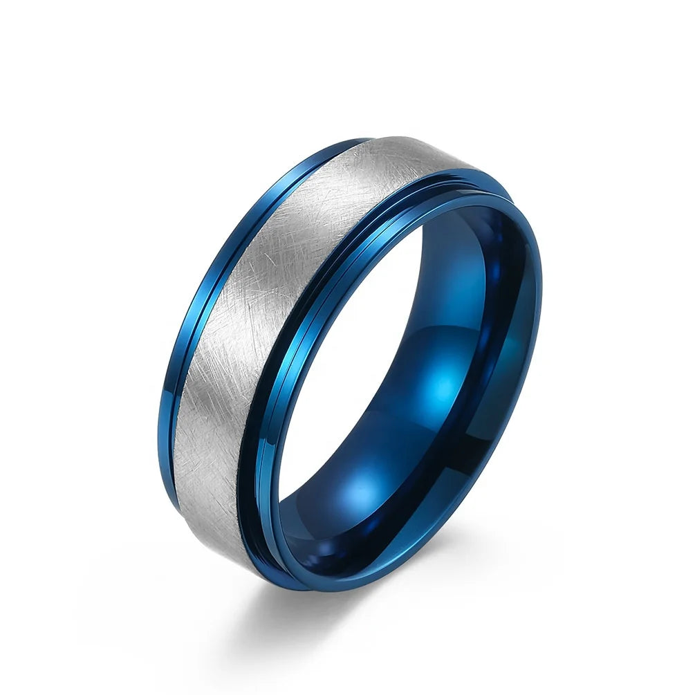 Alin Vintage Blue Zinc Plated Stainless Steel Zircon Rings Men Beautiful Ice Brushed Surface Classic Wedding Bands Wholesale