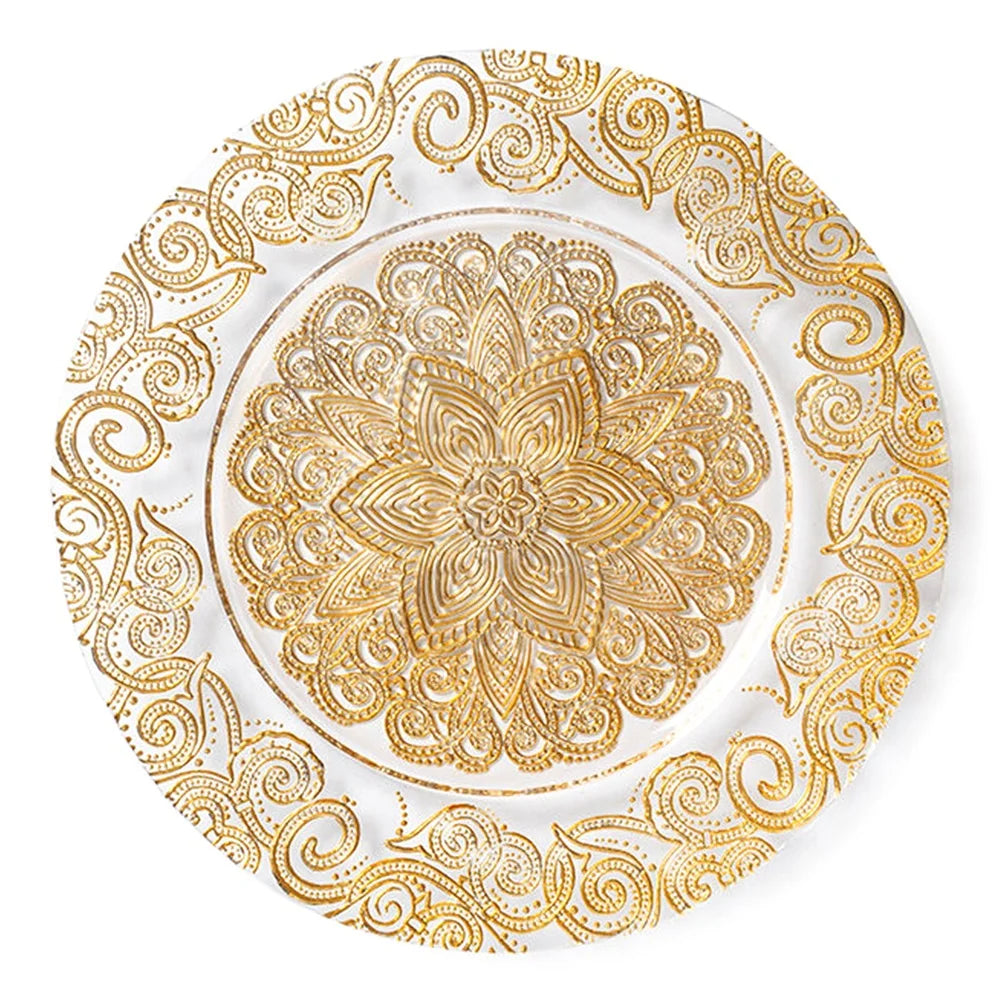 Custom 13 Inch Clear Glass for Charger Plate Eco-Friendly Embroidered Flower Pattern Gold Silver Rose Dark Blue Rose Wedding Dis