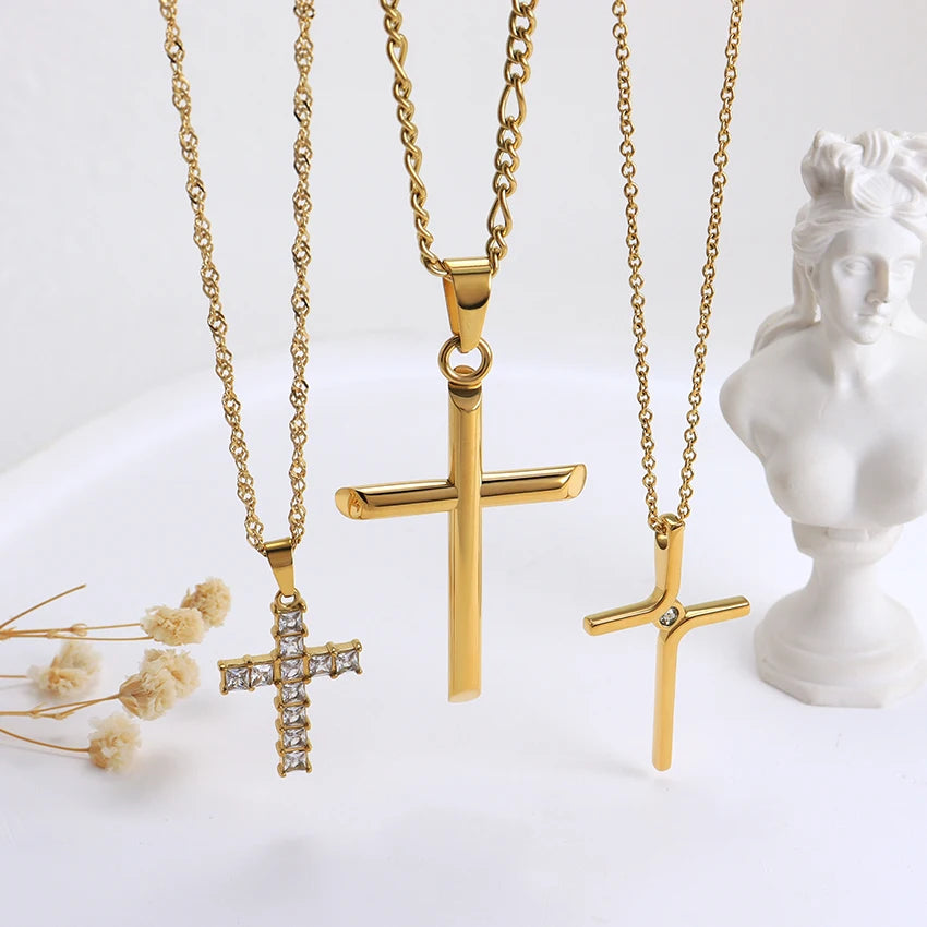 Waterproof Non Tarnish Necklaces Bijoux Acier Inoxydable 2023 Sparkling Cubic Zirconia Religious Christian Gold Cross Necklace