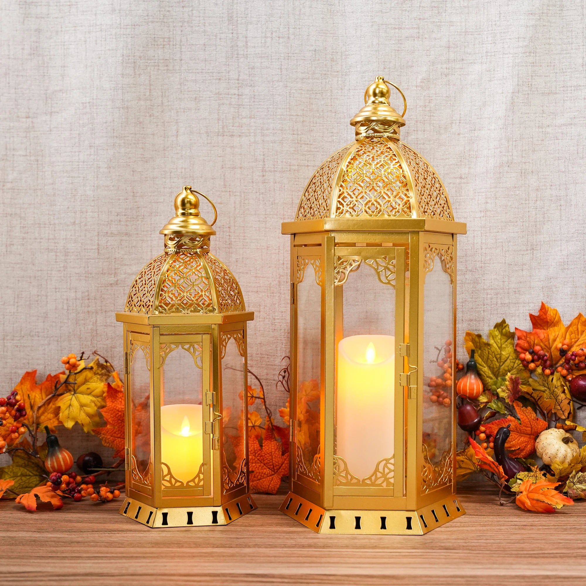Set of 2 Moroccan Gold Metal Candle Lantern Hanging Portable Glass Candle Holder for Holiday Decor