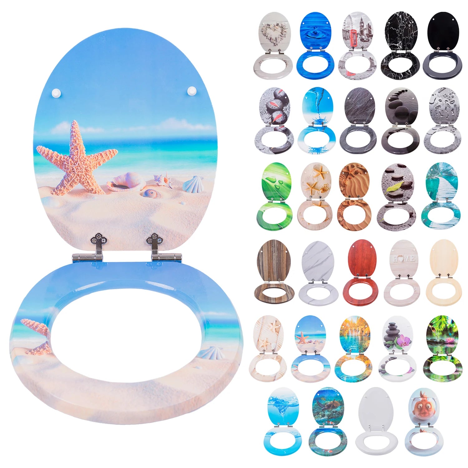 Soft Close Slow-Close Round Toilet Seat Cover with Shell Printed WC Lid MDF/Moulded Wood 1 Year Warranty Bathroom Use
