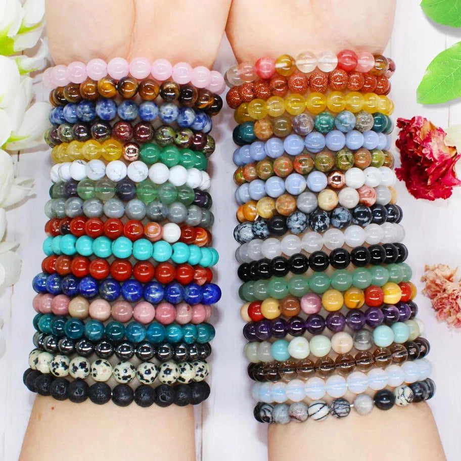 RisingMoon 8mm 7 Chakra Tiger Eye Healing Crystal Jade Natural Stone Beaded Bracelets