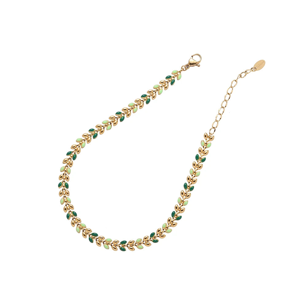 Waterproof Stainless Steel Drop Oil Boho Anklets Friendship Jewelry Green Leaves Wheat Enamel Beach Foot Chain Anklet Girls