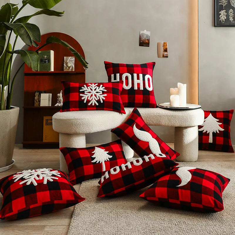 Amity Factory Wholesale Christmas Red Black Plaid Embroidered Throw Pillow  Cover  Modern Home Sofa Decor Cushion Covers