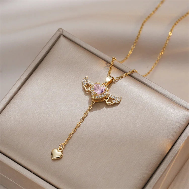 Wholesale Stainless Steel 18k Gold Plated Luxury Design Zircon Pink Love Tassel Necklace Angel Wing Necklace